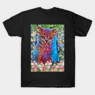 Cute kitten sitting in garden of pink flowers T-Shirt